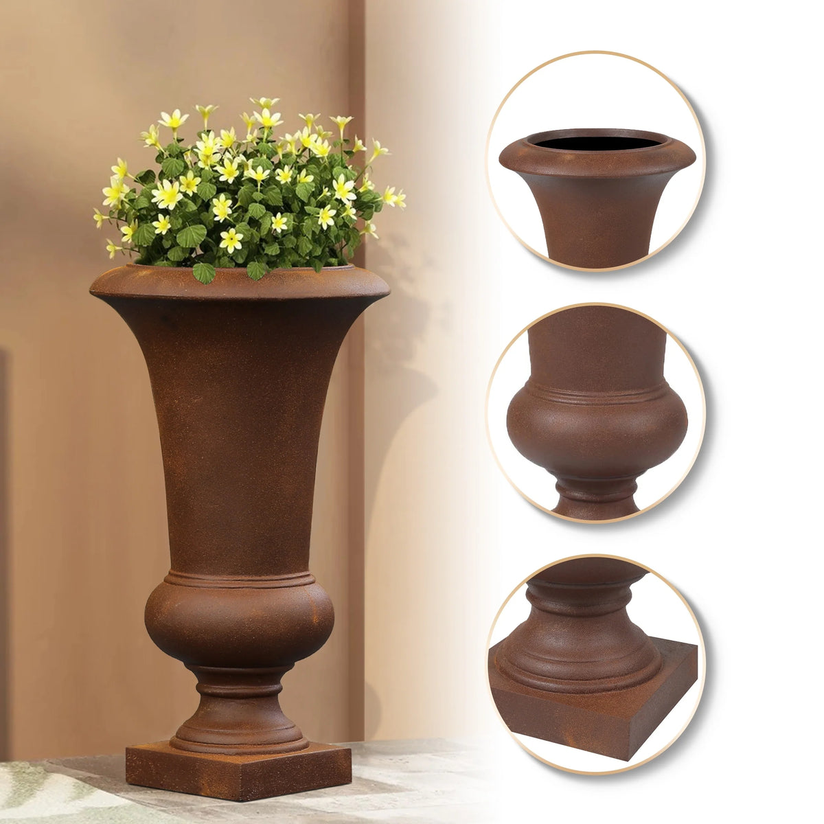 22.75" Tall Handmade Fiber Stone Urn Planter Pot, Decorative Outdoor Garden Flower Container for Patio and Home