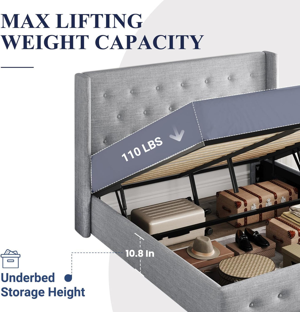 Queen Size Lift Up Storage Bed with Wingback Headboard, Upholstered Platform Bed Frame with Hidden Storage