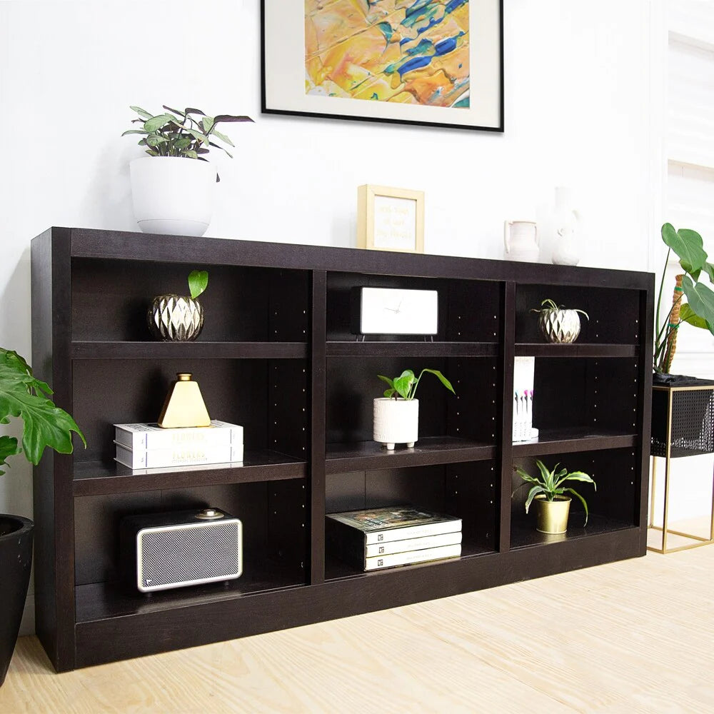 Triple Wide Wood Bookcase, 9 Shelf 36 Inch Tall Bookshelf for Home, Office and Display Storage