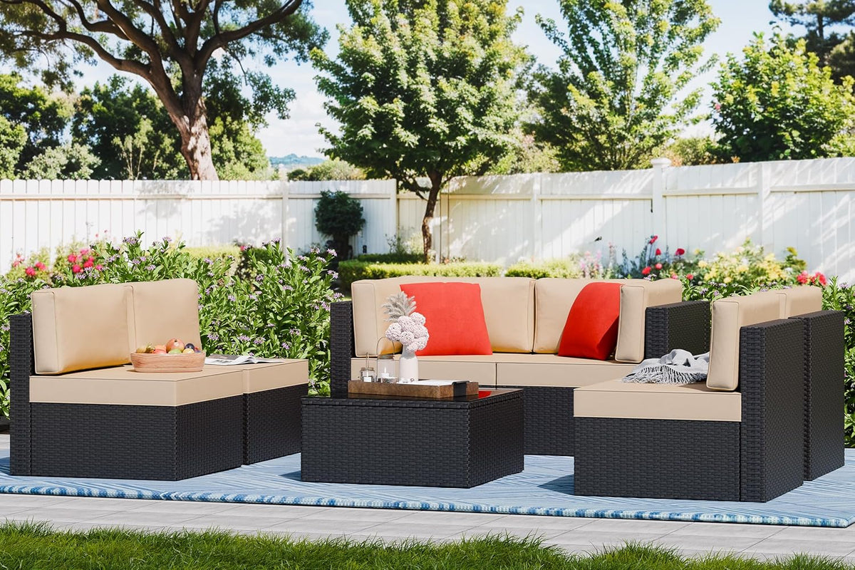 5-Piece All-Weather Patio Furniture Set with Ottoman, Outdoor Wicker Conversation Sofa Set with Cushions for Garden, Deck & Backyard