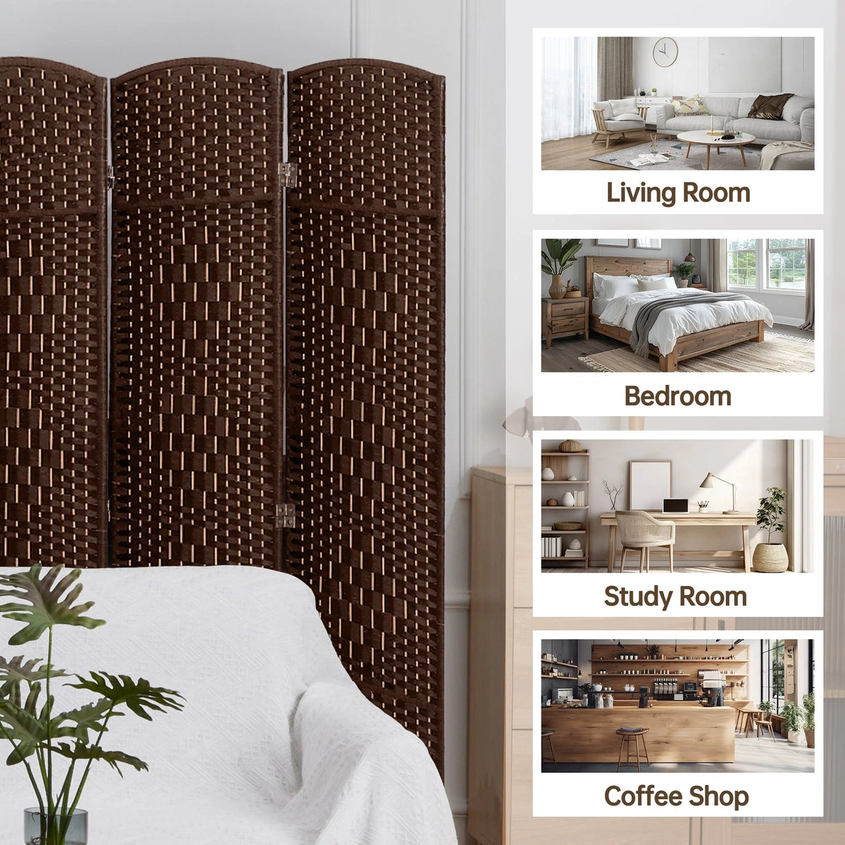 6 FT Tall Woven Fiber Room Divider, Freestanding Folding Privacy Screen
