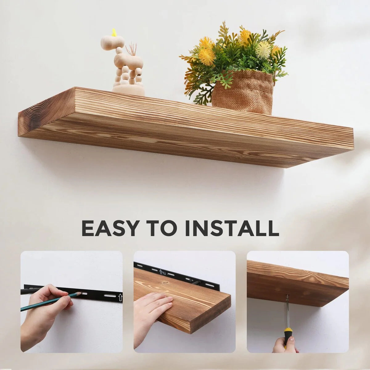 Set of 2 Handcrafted European Pine Floating Wall Shelves, Natural Rustic Wood