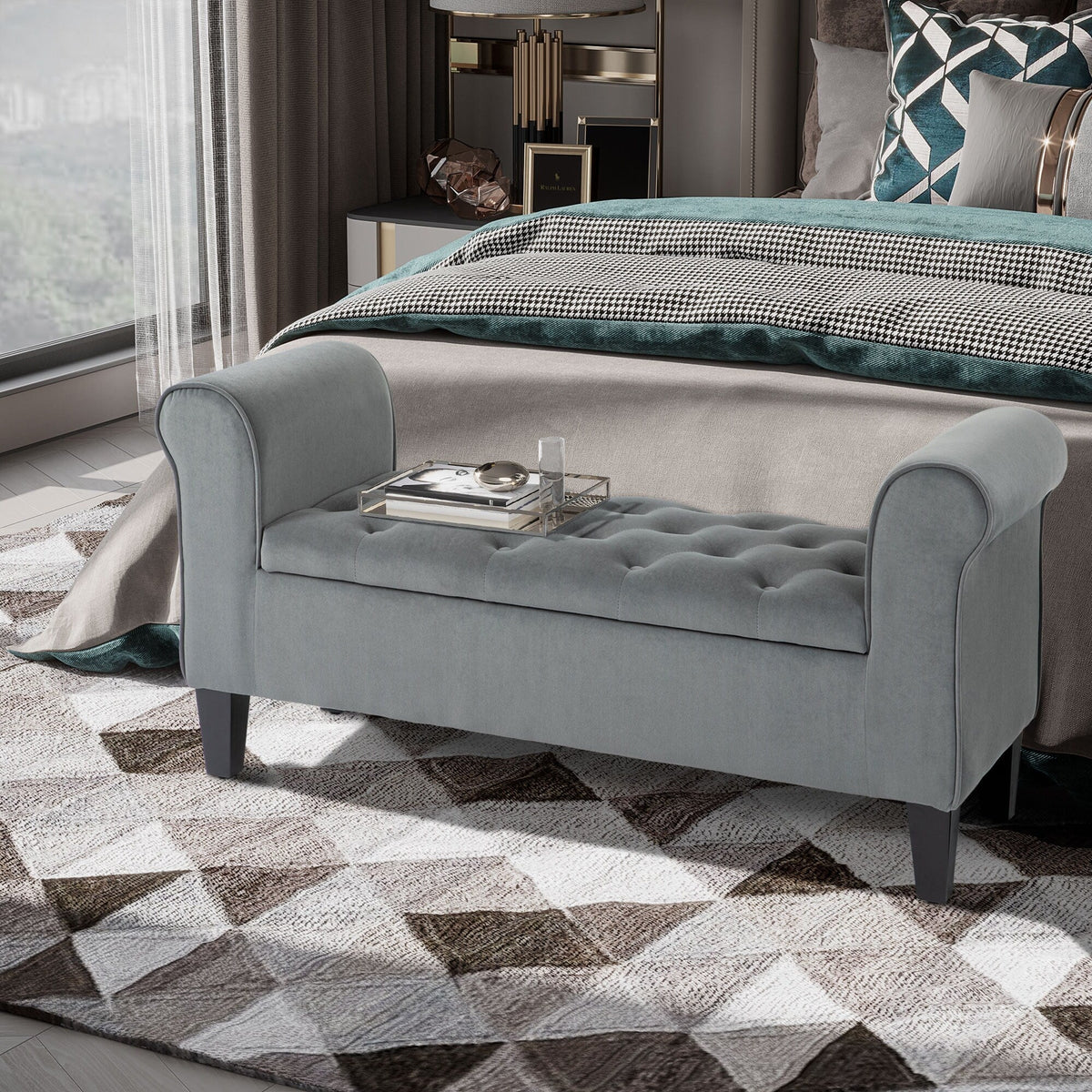Button-Tufted Storage Ottoman Bench, Upholstered Bed Bench with Rolled Armrests for Bedroom, Living Room and Hallway