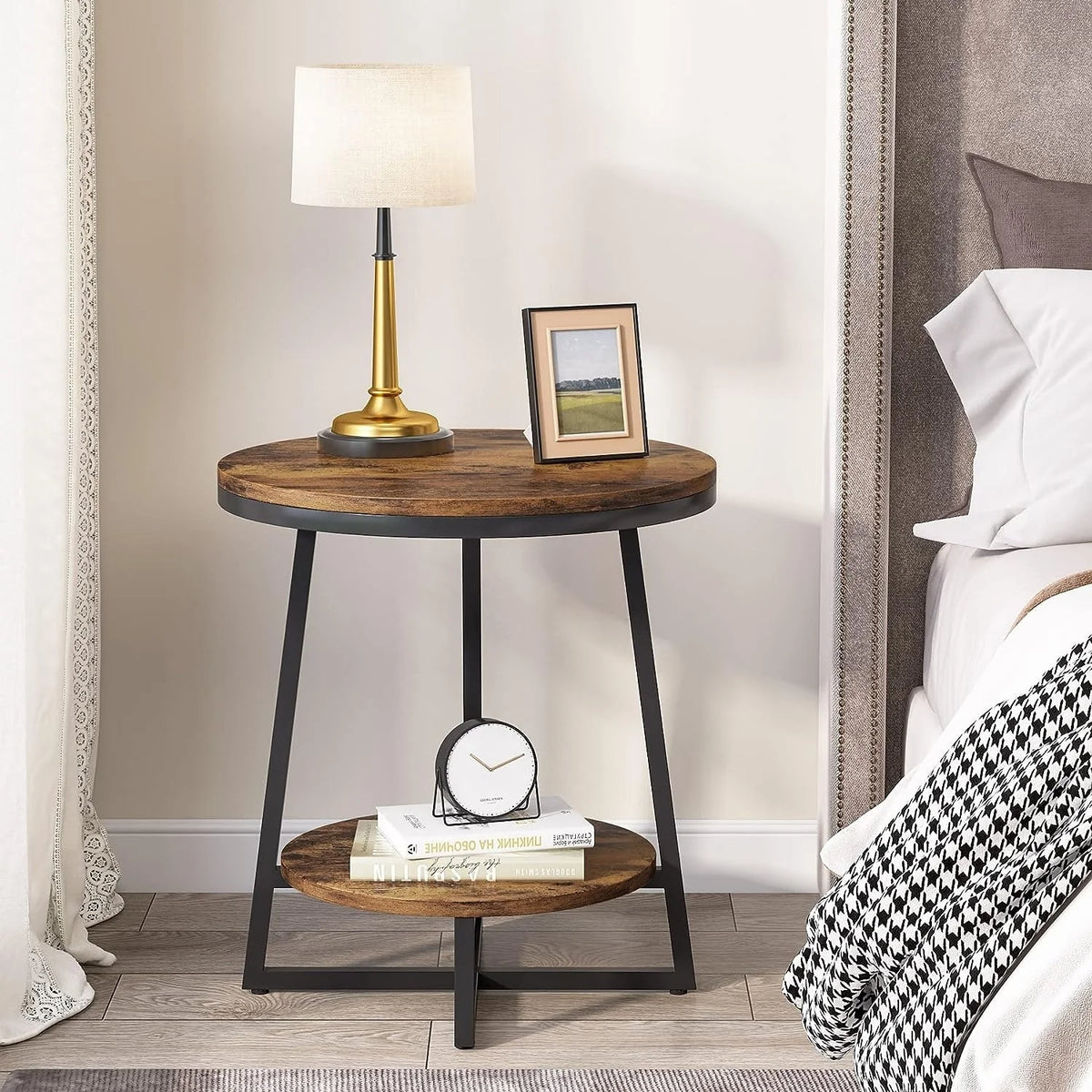 Industrial Round End Table, Small Side Table and Accent Coffee Table for Living Room and Bedroom