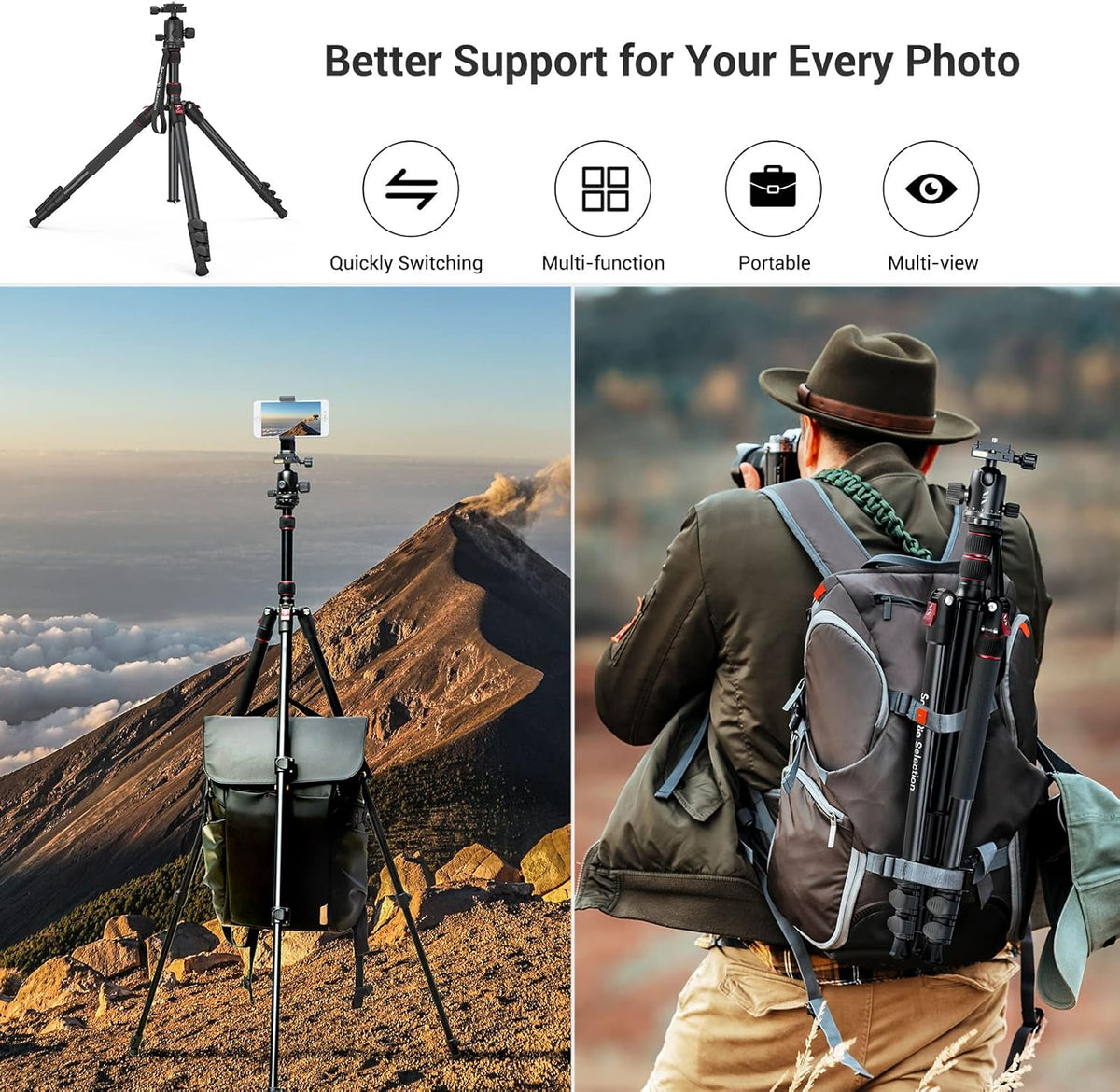 71" Foldable Aluminum Camera Tripod and Monopod, Adjustable Photography Tripod Stand for Cameras and Video