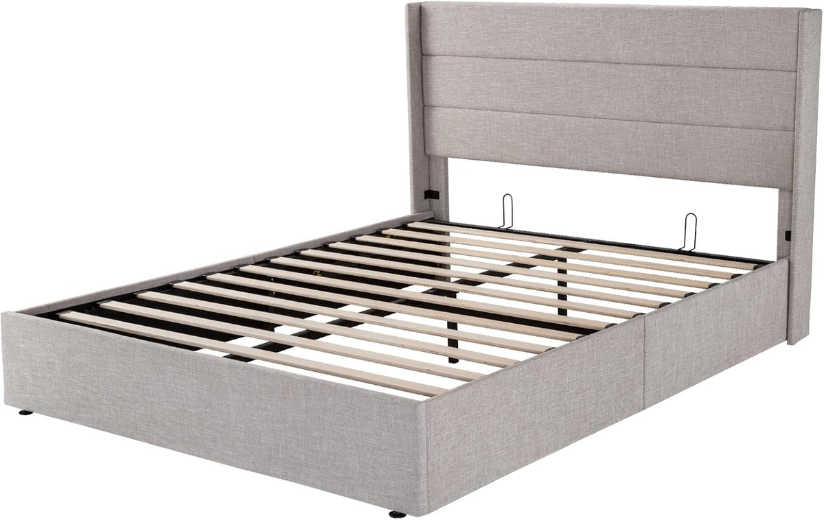 Queen Size Lift Up Storage Bed with Wingback Headboard, Upholstered Platform Bed Frame with Hidden Storage