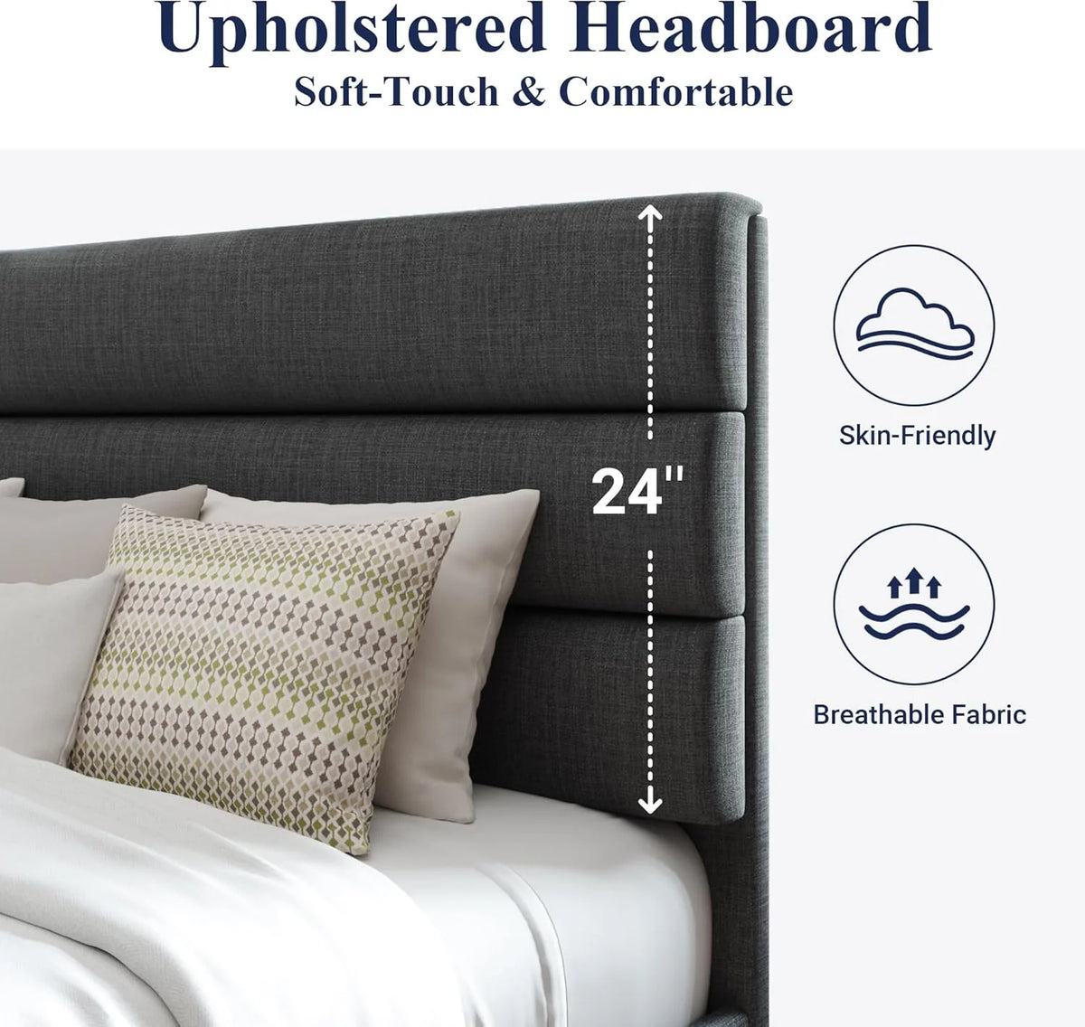 Queen Size Upholstered Platform Bed Frame, Dark Gray Fabric Bed with Headboard for Bedroom