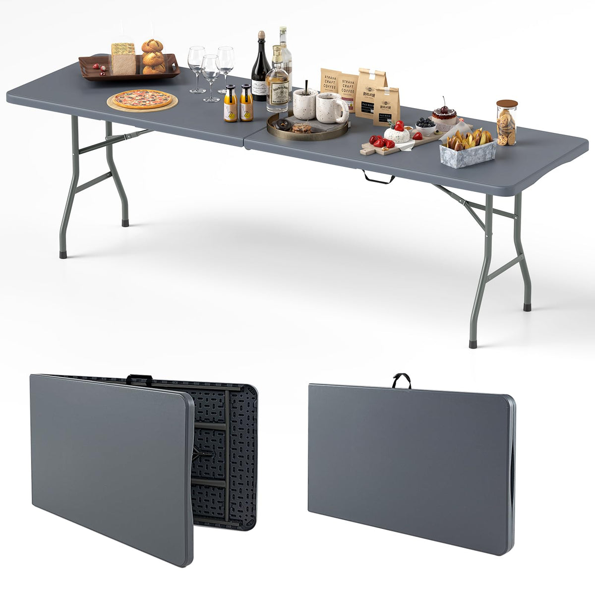 8FT Folding Table 350LBS �� Heavy Duty Plastic Table with HDPE Top & Handle