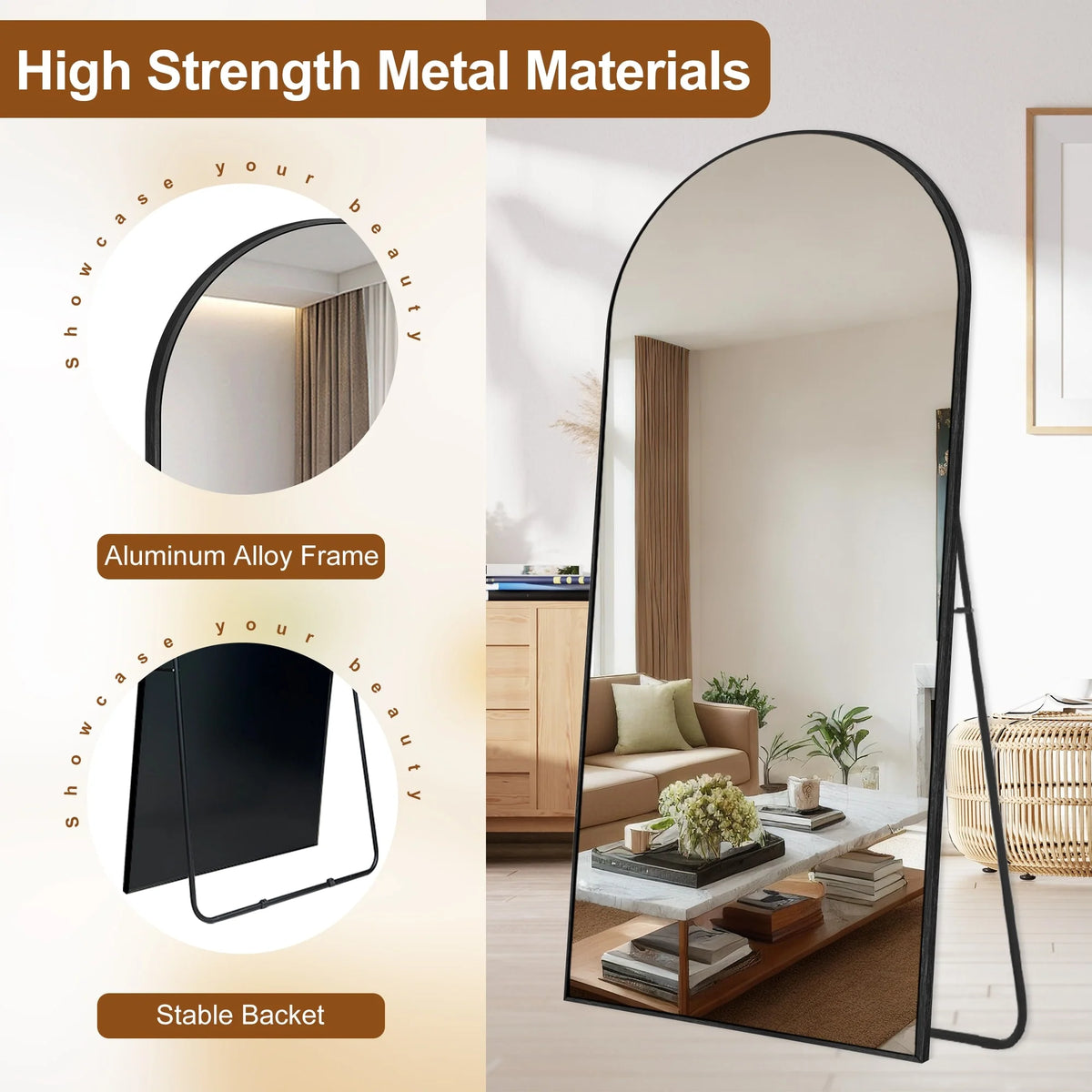 Modern Arched Full Length Floor Mirror, Aluminum Alloy Frame Standing Full Body Mirror