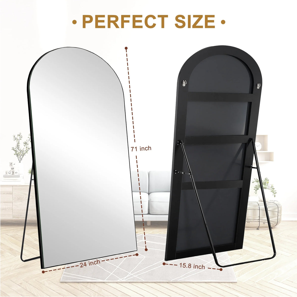 Arched Full Length Wood Floor Mirror, Full Body Standing and Wall Mounted Mirror for Bedroom, Living Room and Home Decor