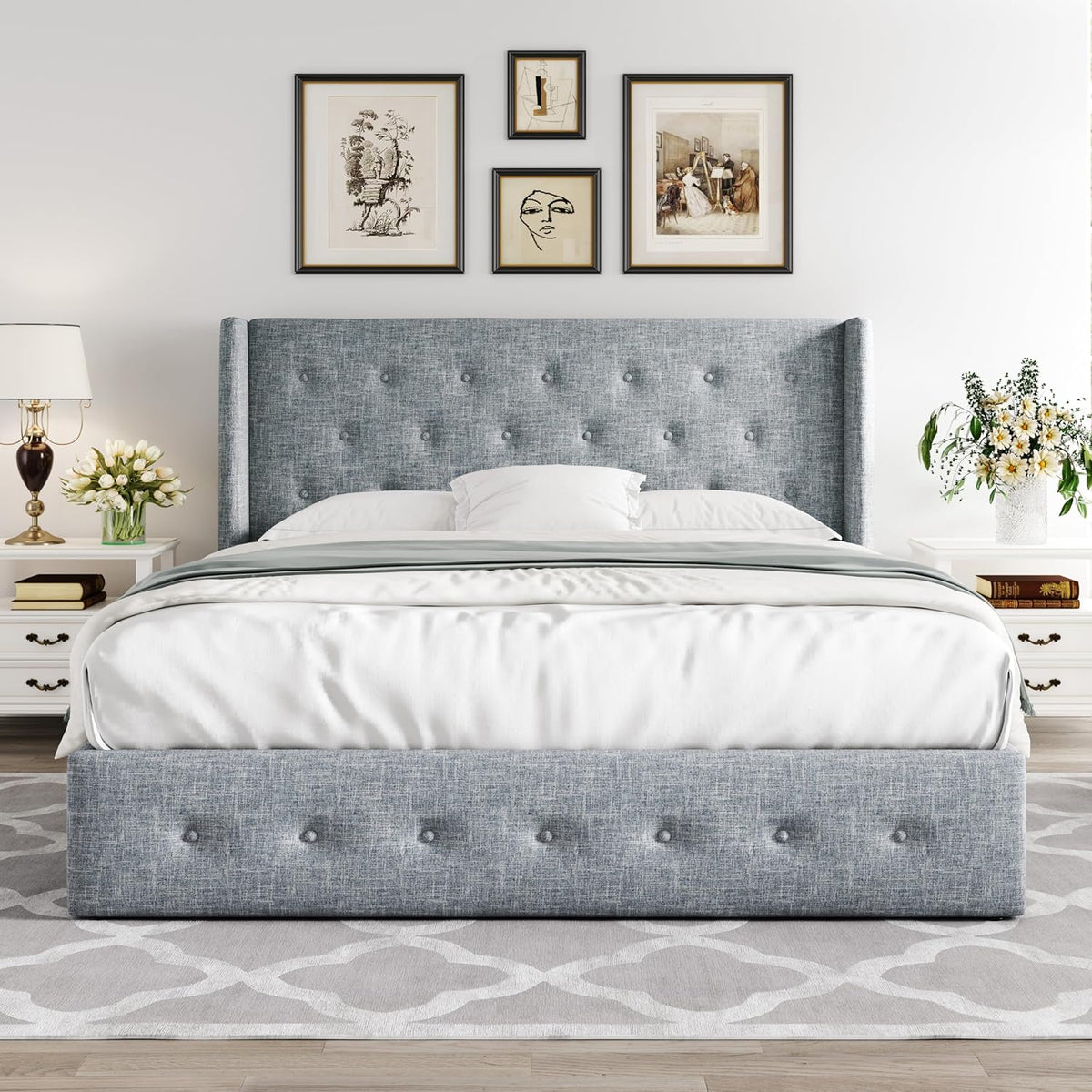 Queen Size Lift Up Storage Bed with Wingback Headboard, Upholstered Platform Bed Frame with Hidden Storage