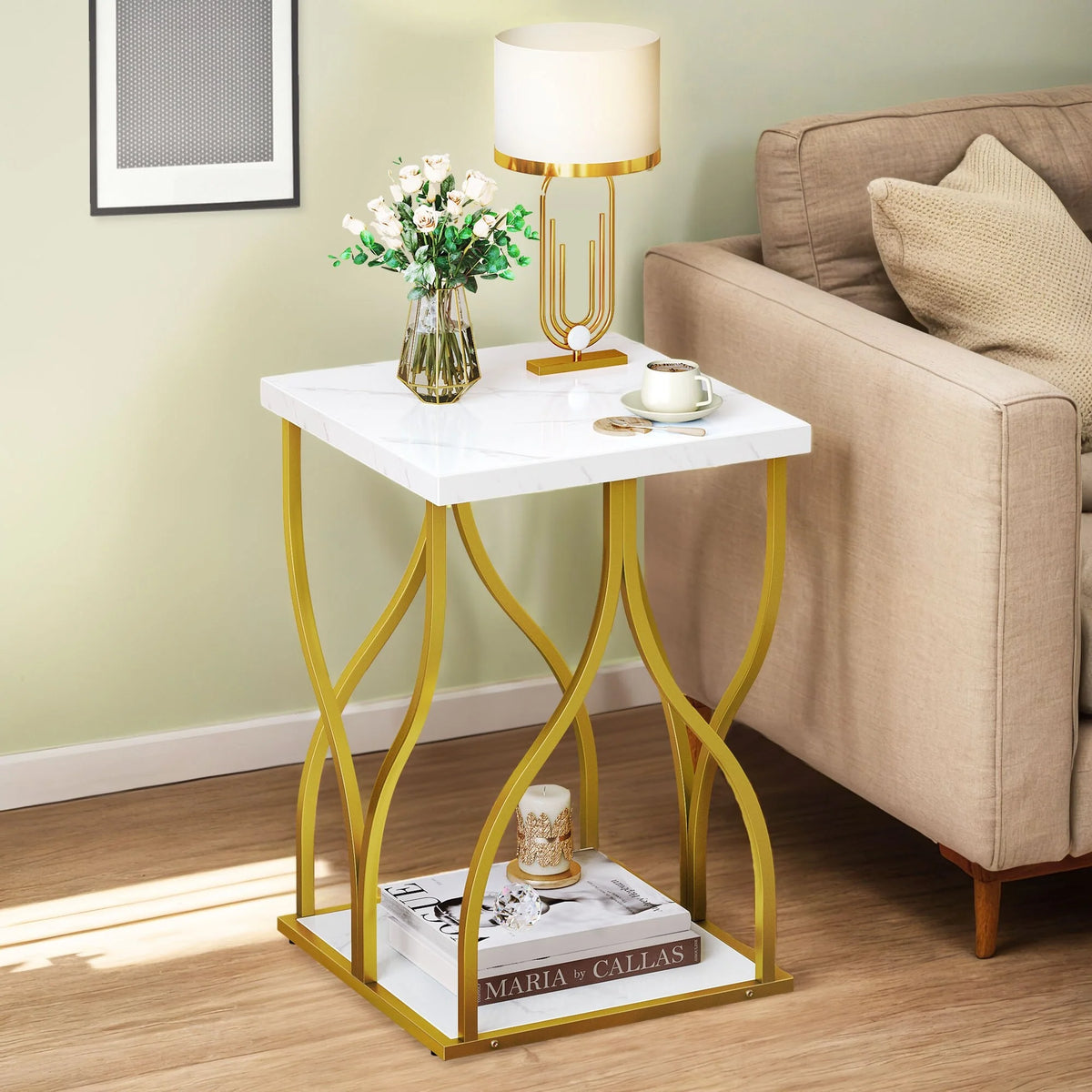 Modern Gold Console Table with Marbled Top, Sofa Table for Entryway and Hallway