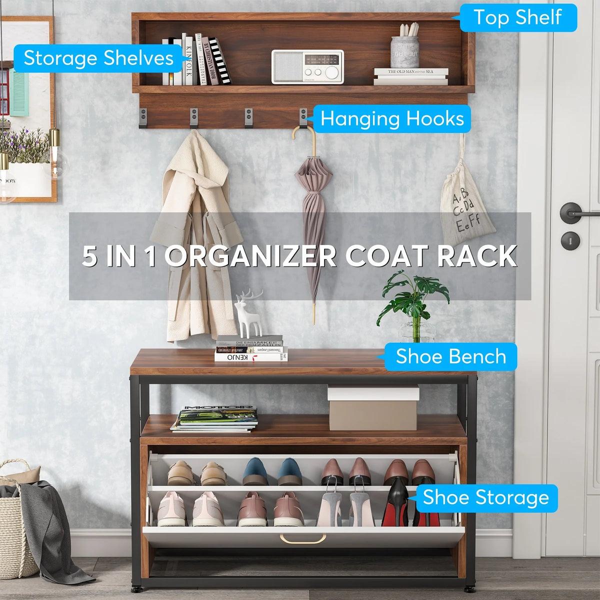 Entryway Coat Rack and Shoe Bench Set, Industrial Hall Tree with Coat and Shoe Storage