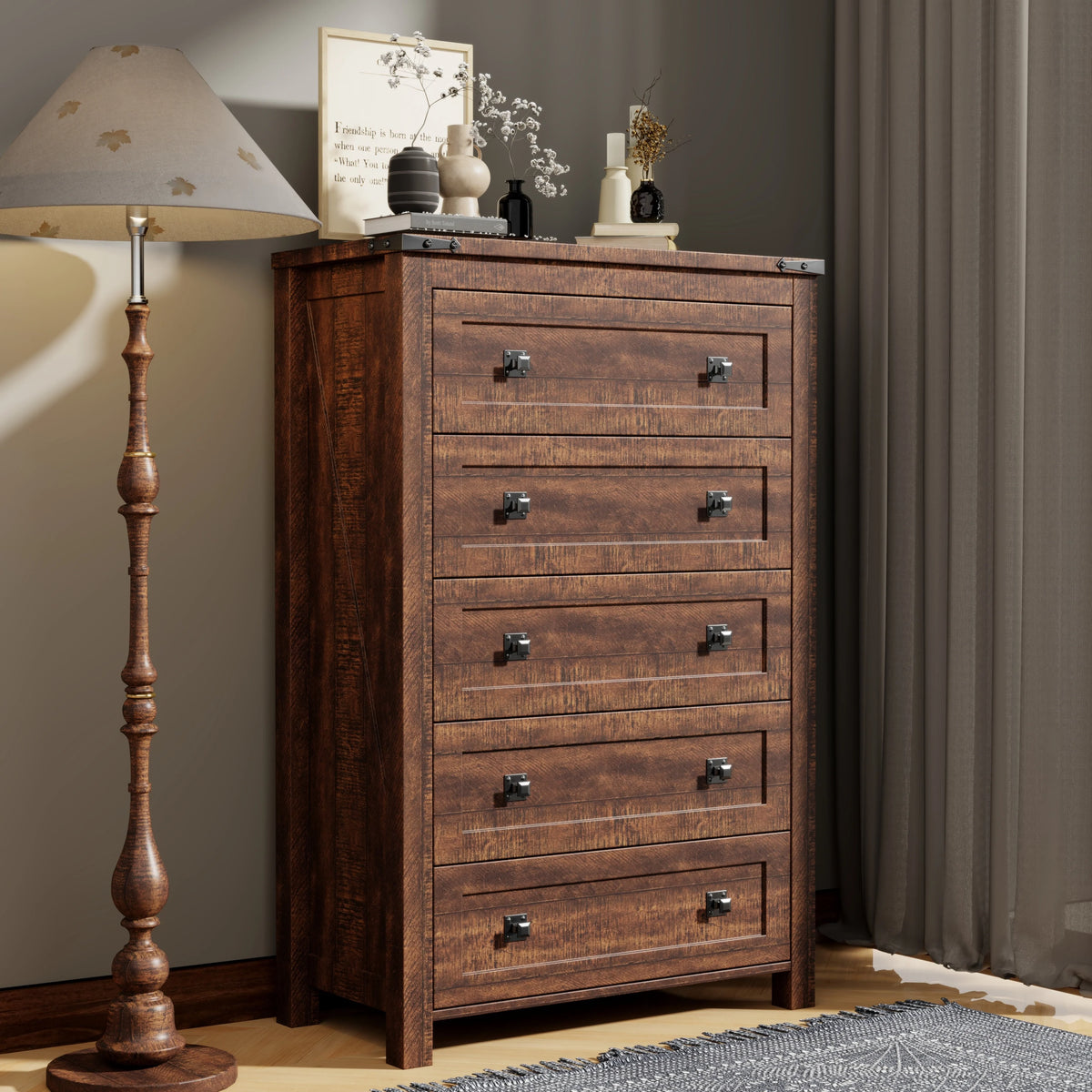 48 Inch Tall Farmhouse Wood Dresser, 5 Drawer Chest of Drawers for Bedroom