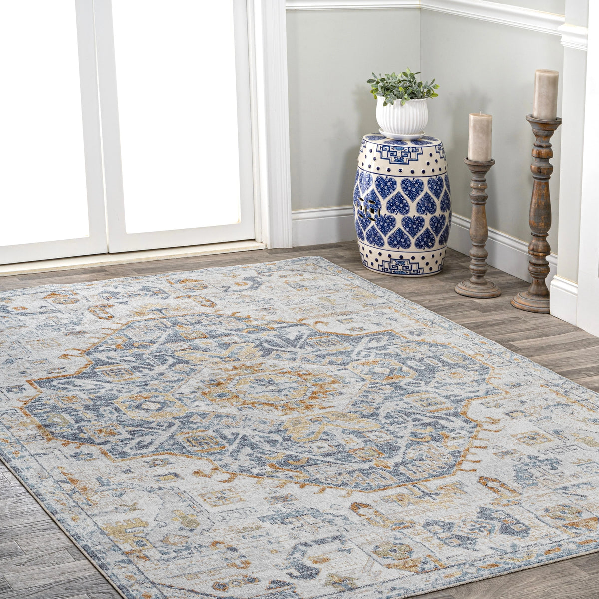 Bohemian Medallion Low-Pile Machine-Washable Area Rug, Cream and Terra