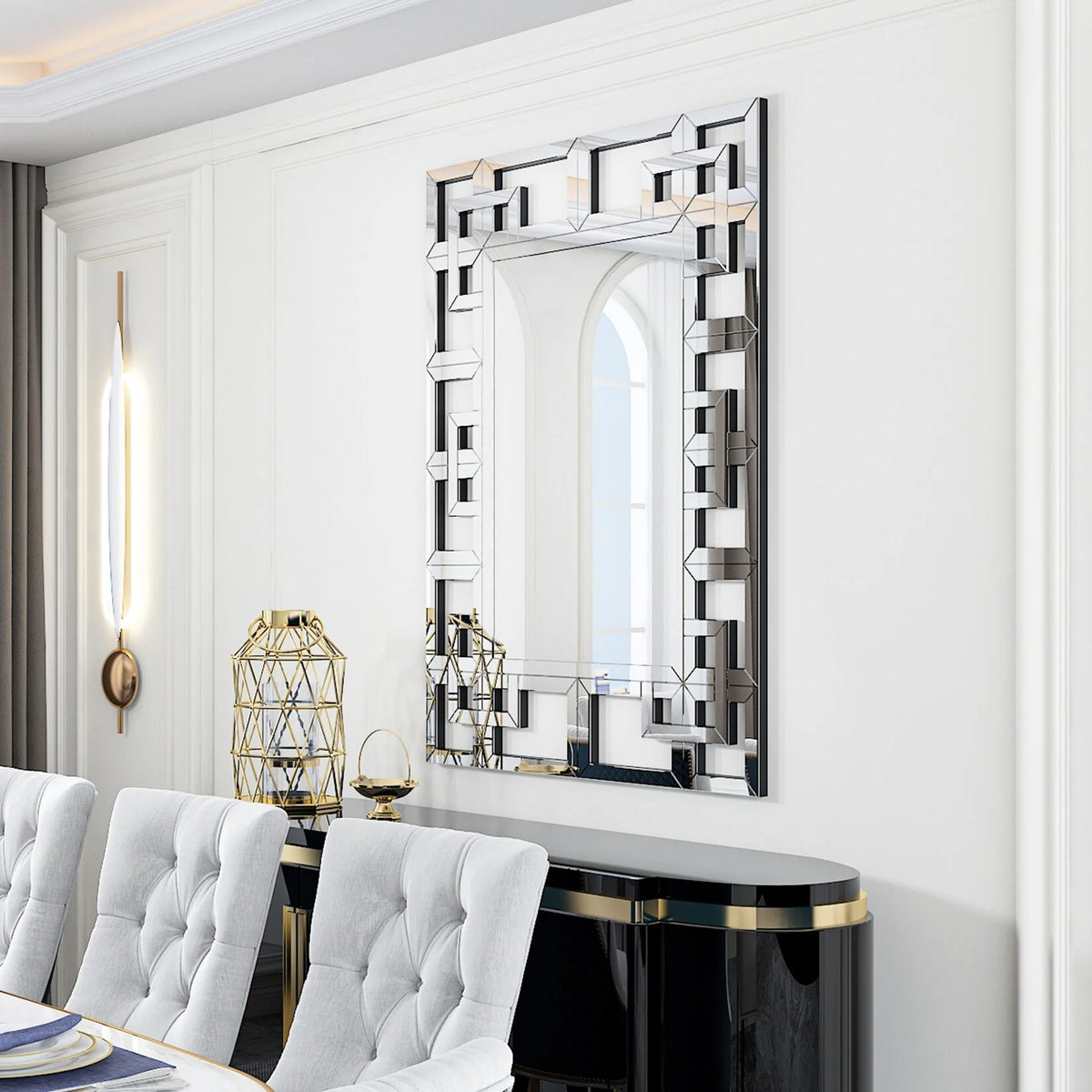 Large Silver Geometric Wall Mirror, Modern Decorative Accent Mirror for Living Room, Bedroom and Entryway