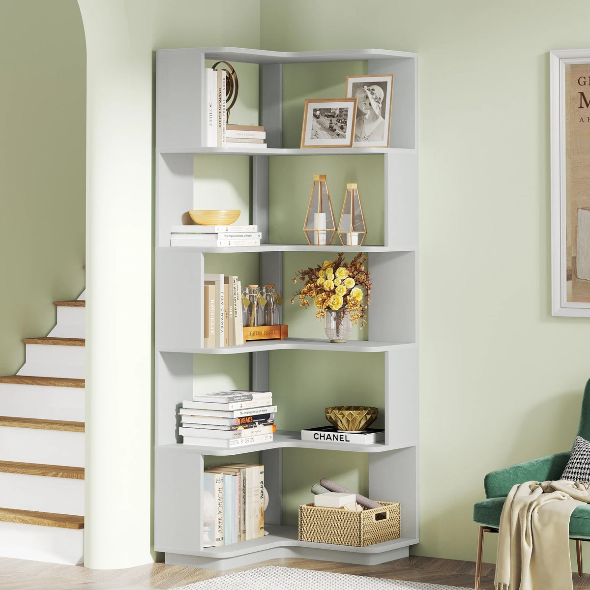64.9 Inch Tall 6-Tier Corner Bookshelf, Freestanding Wood Industrial Bookcase