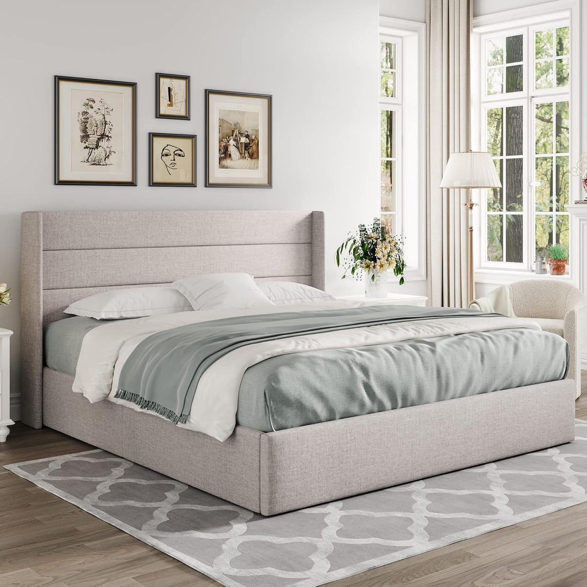 Queen Size Lift Up Storage Bed with Wingback Headboard, Upholstered Platform Bed Frame with Hidden Storage