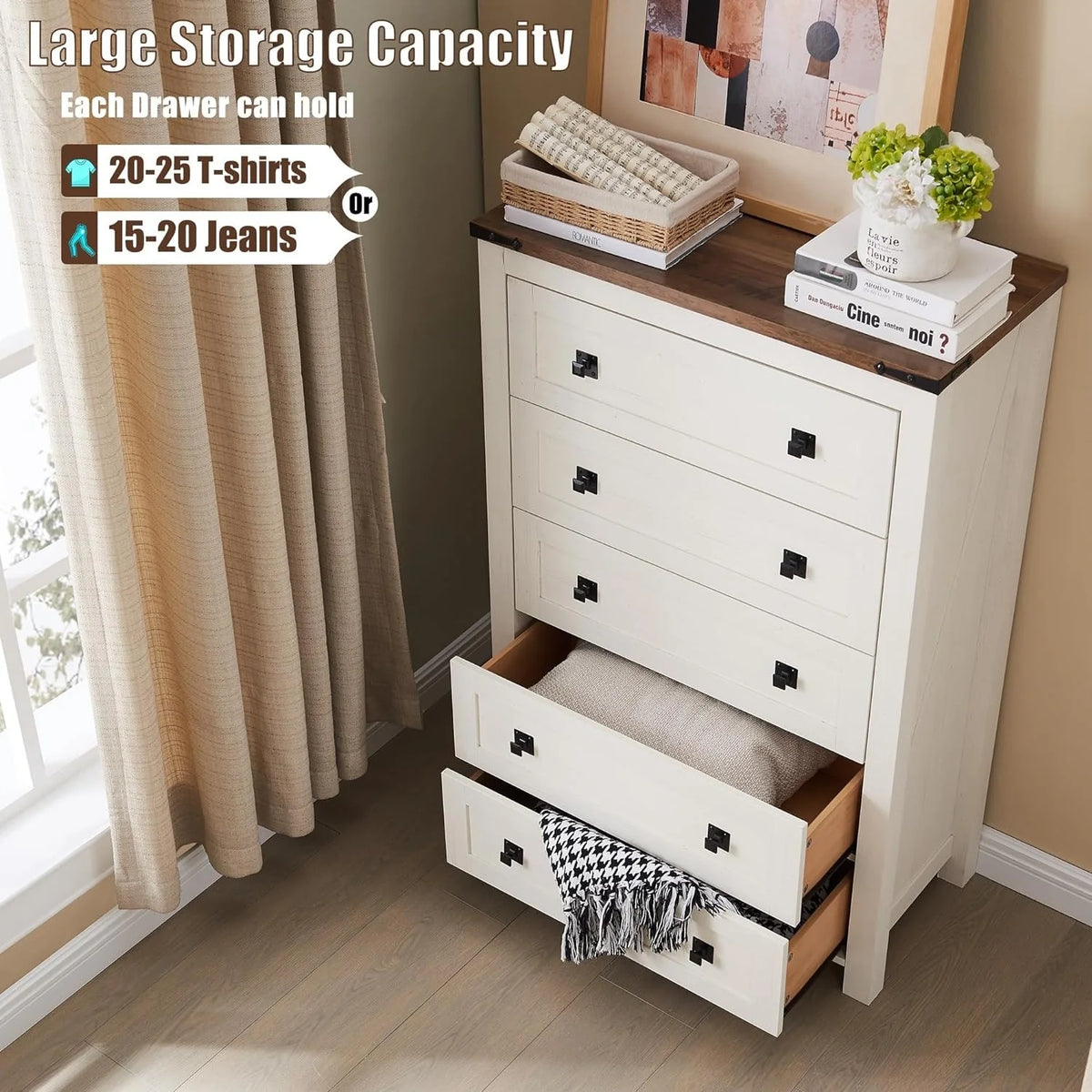 48 Inch Tall Farmhouse Wood Dresser, 5 Drawer Chest of Drawers for Bedroom