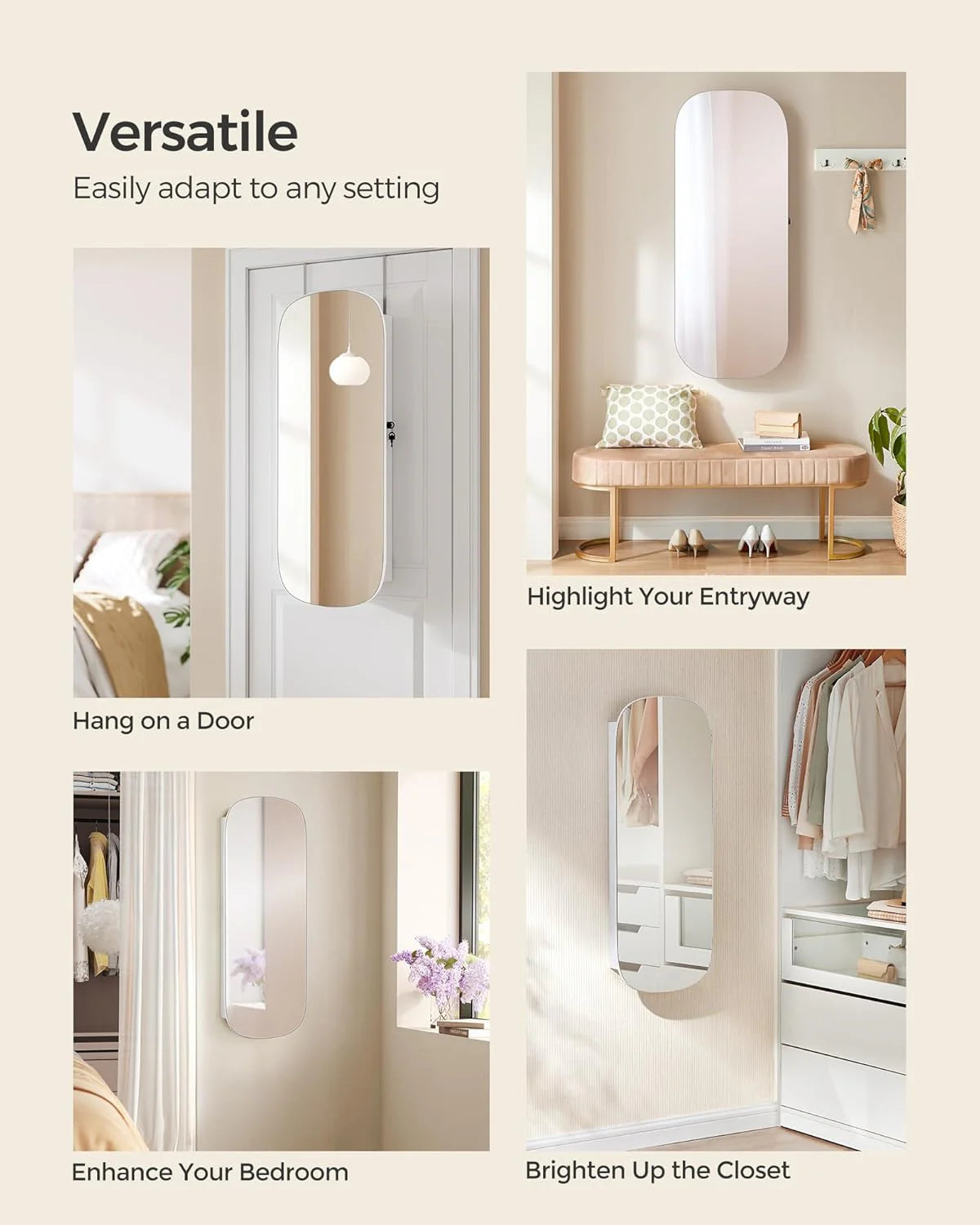 LED Jewelry Organizer Cabinet, Wall or Door Mounted Jewelry Storage Mirror with LED Lights