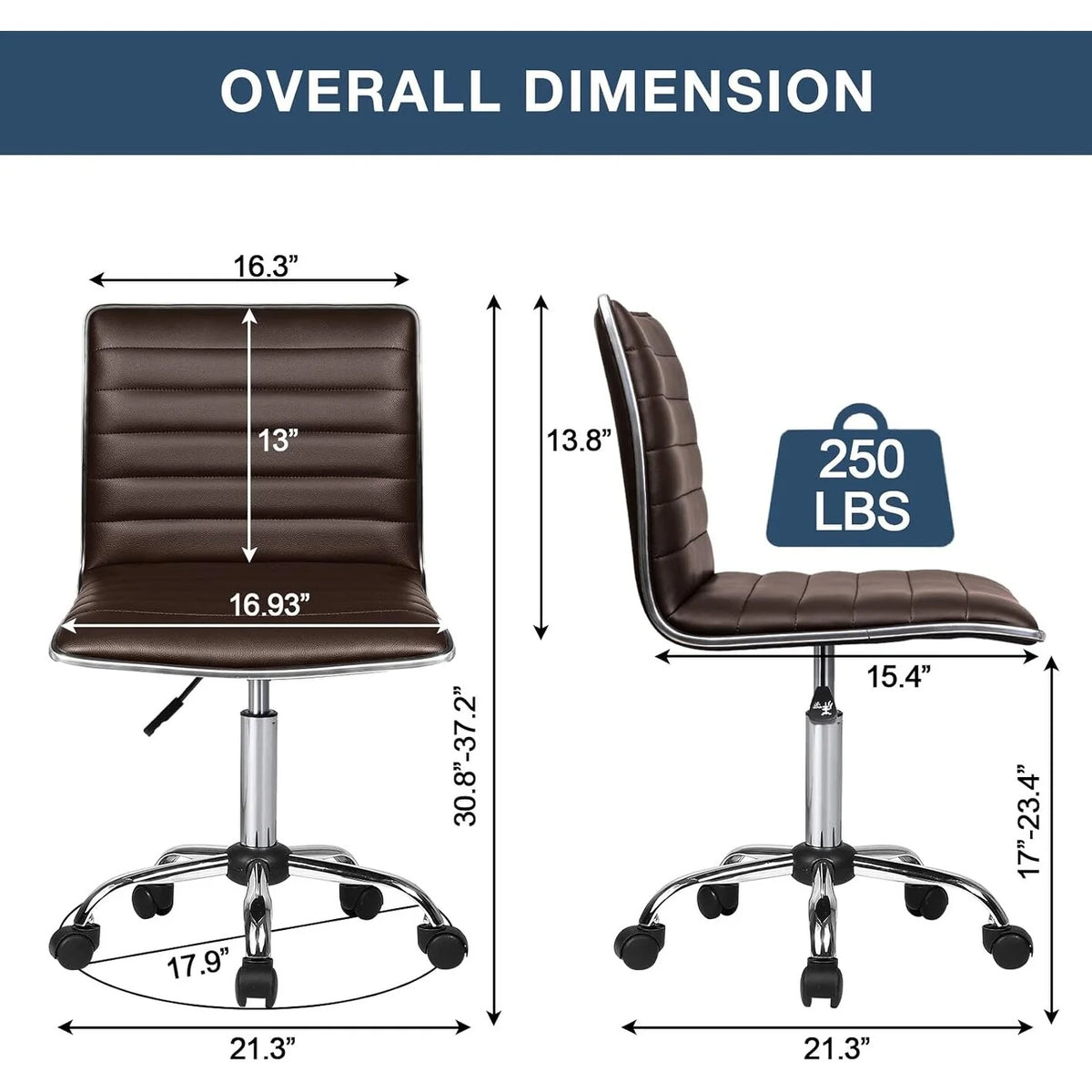 Adjustable Mid-Back Armless Swivel Office Chair, Ribbed Task and Vanity Chair for Small Spaces