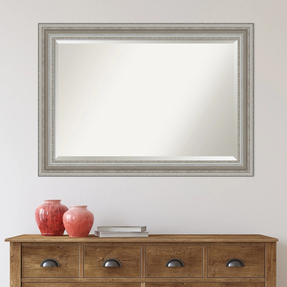 Beveled Bathroom Wall Mirror, Silver Frame Decorative Vanity Mirror for Bathroom, Bedroom and Entryway