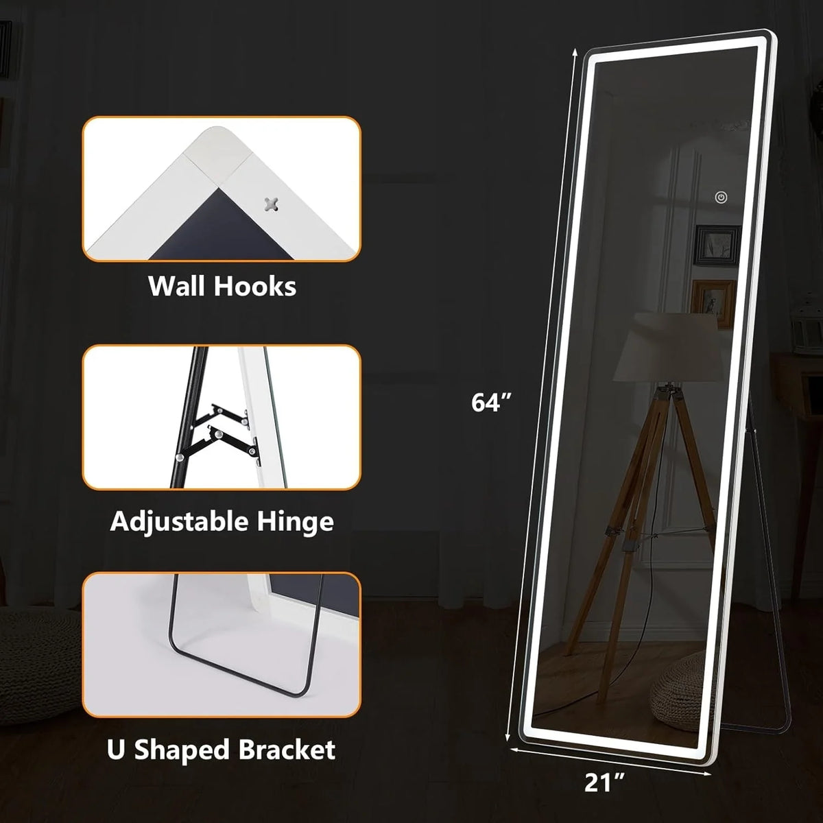 64 x 21 Inch Full Length LED Floor Mirror with Stand, Full Body Wall Mounted Mirror