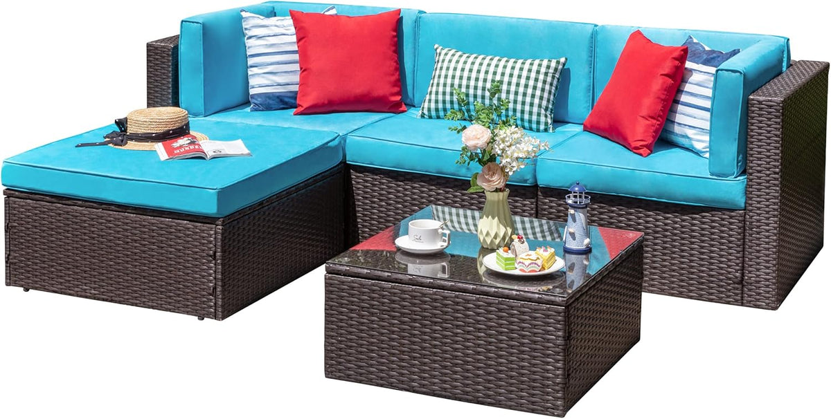 5-Piece All-Weather Patio Furniture Set with Ottoman, Outdoor Wicker Conversation Sofa Set with Cushions for Garden, Deck & Backyard