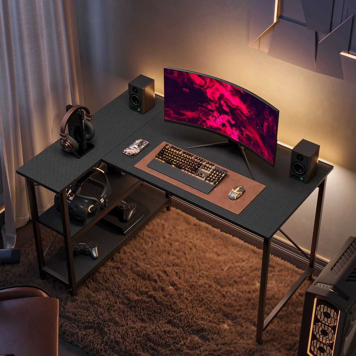 Small L Shaped Computer Desk with Storage Shelves, Compact Corner Workstation for Home Office and Study