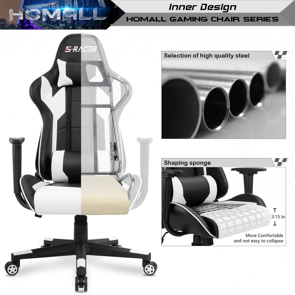 High Back Ergonomic Gaming Chair, Leather Computer Desk Chair for Gaming, Home Office and Work
