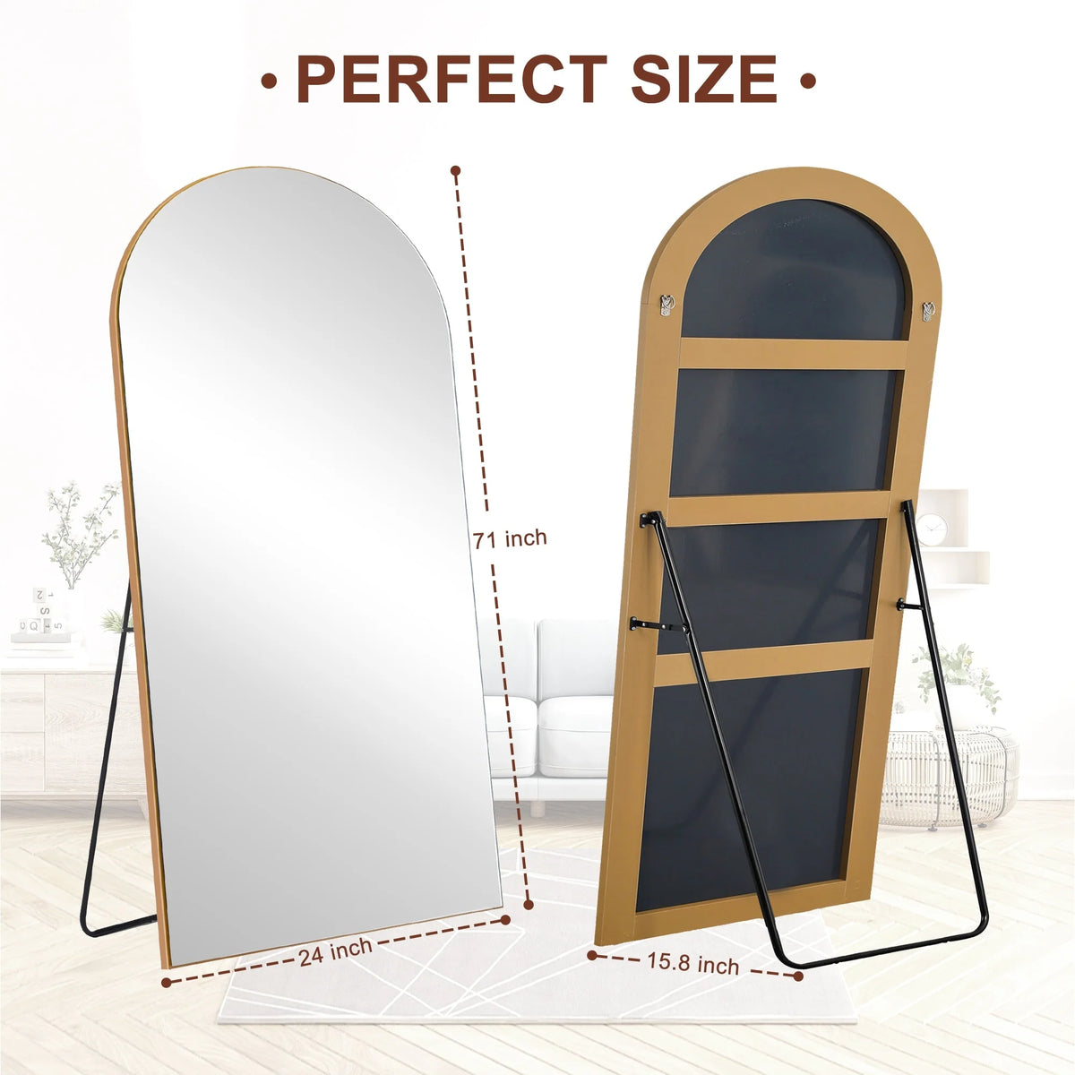 Arched Full Length Wood Floor Mirror, Full Body Standing and Wall Mounted Mirror for Bedroom, Living Room and Home Decor
