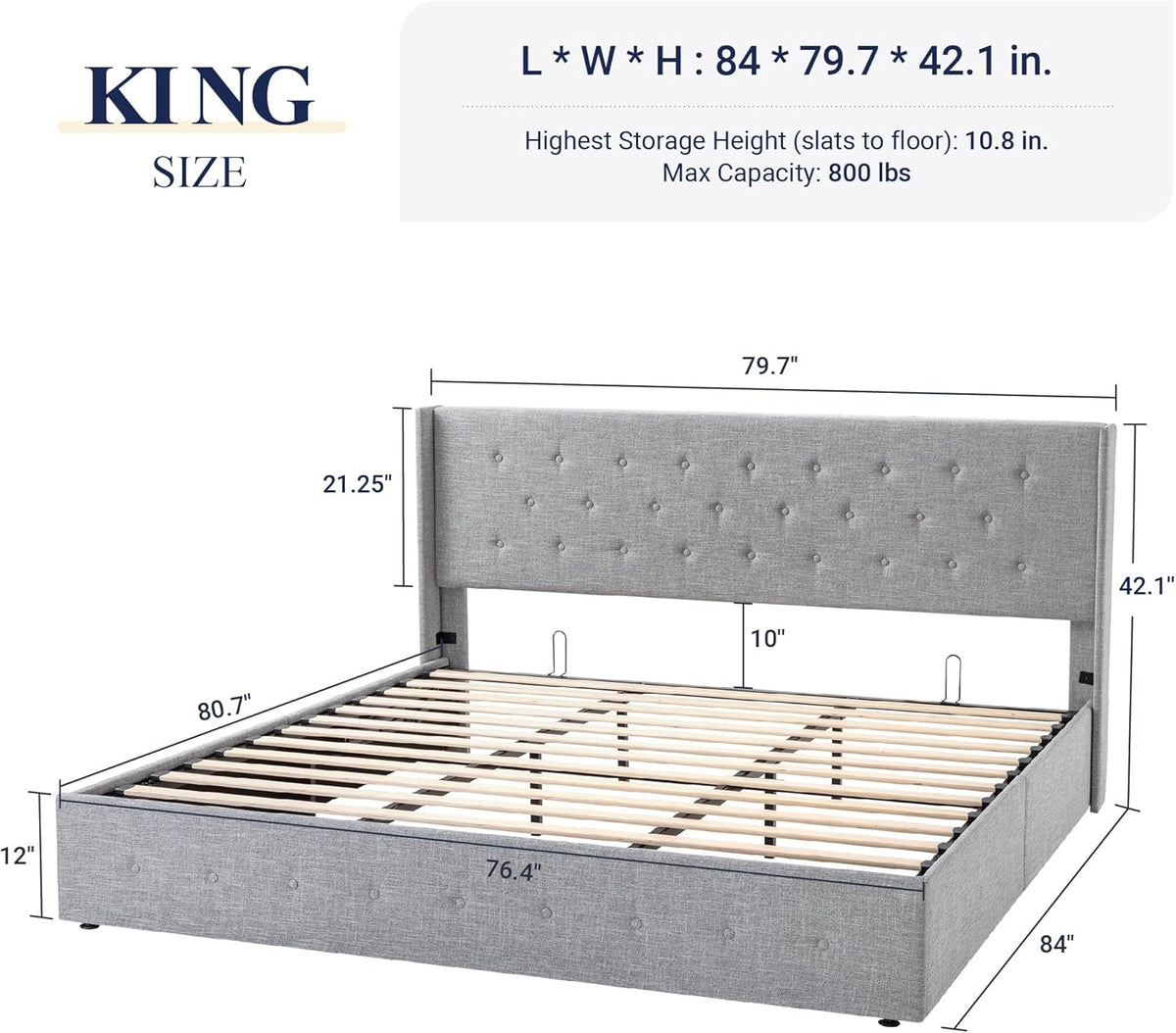 Queen Size Lift Up Storage Bed with Wingback Headboard, Upholstered Platform Bed Frame with Hidden Storage