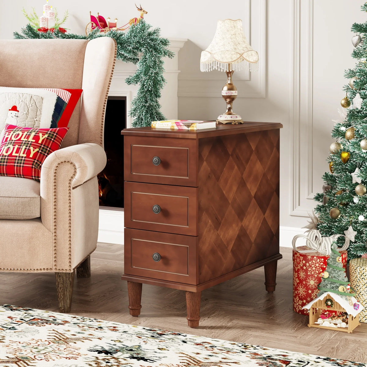 Fully Assembled Narrow End Table, Solid Wood Side Table with 3 Drawers, Vintage Nightstand for Small Spaces