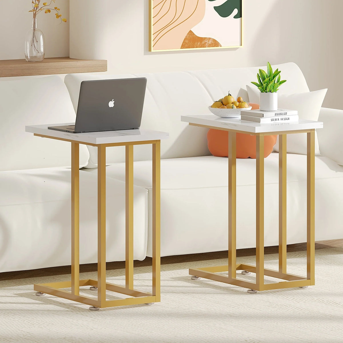 Set of 2 C-Shaped Sofa Side Tables, Small End Tables for Living Room, Bedside and TV Tray