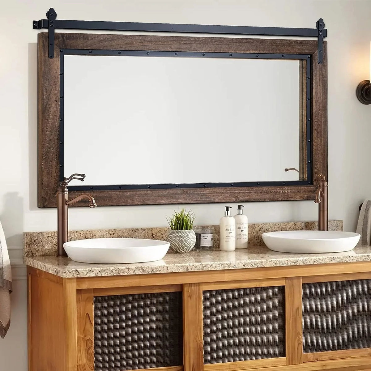 Farmhouse Barn Door Style Bathroom Vanity Mirror, Natural Wood Wall Mirror for Bathroom, Bedroom and Entryway