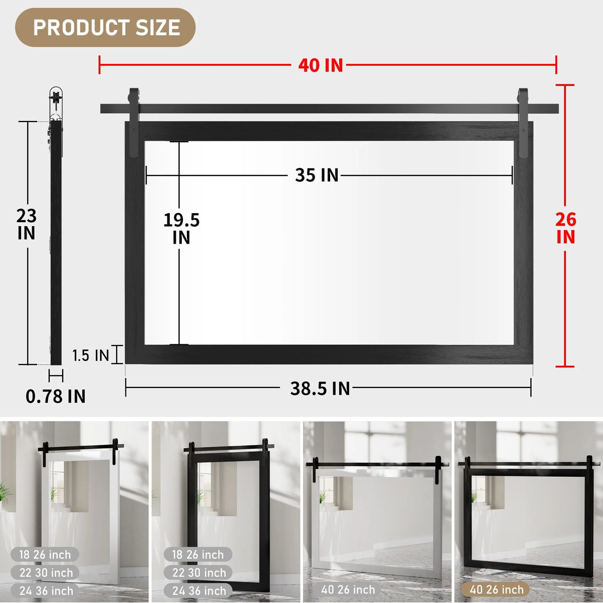 Modern Rectangular Wall Mirror with Wood Frame, Bathroom and Barn Door Mirror, Multiple Sizes