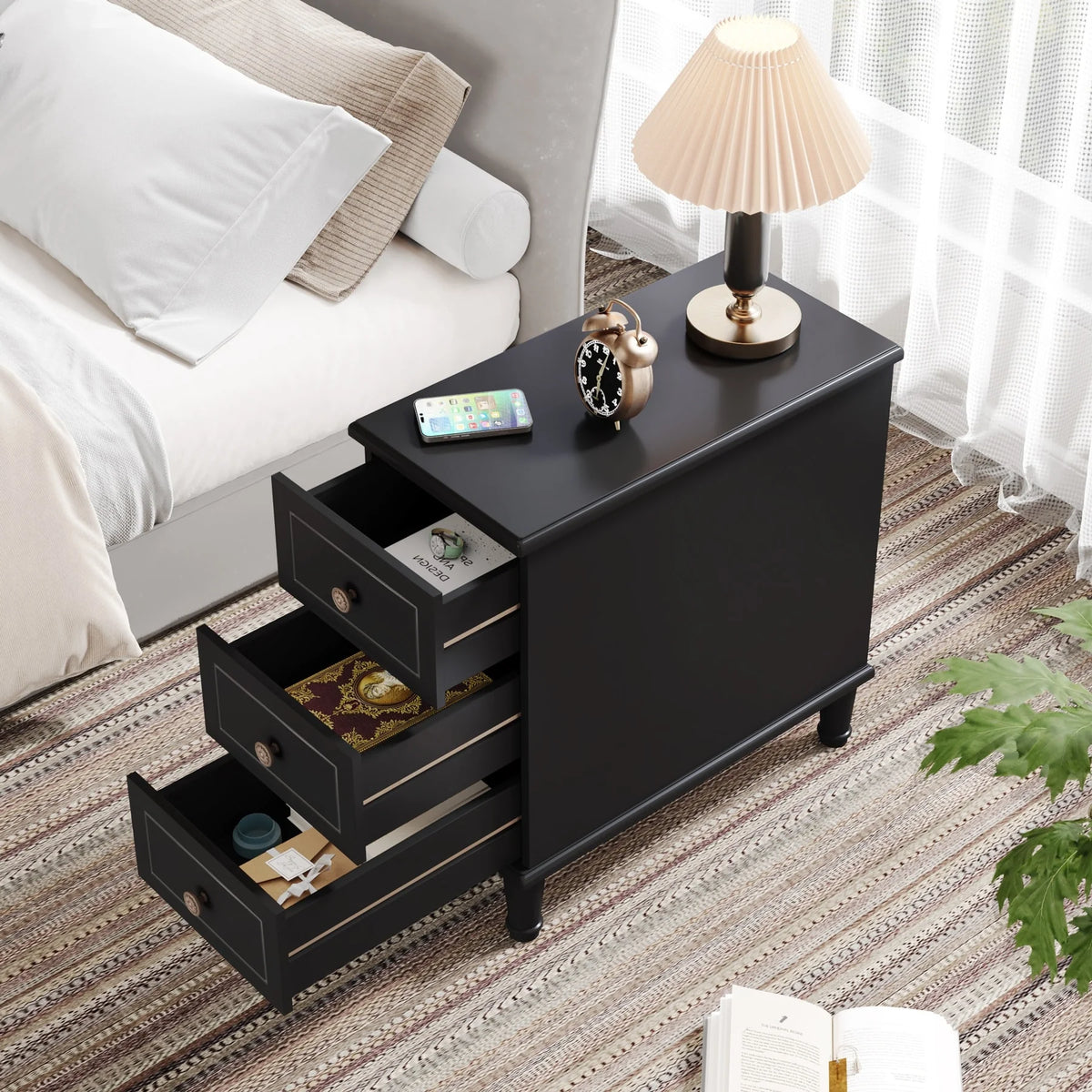 Fully Assembled Narrow End Table, Solid Wood Side Table with 3 Drawers, Vintage Nightstand for Small Spaces