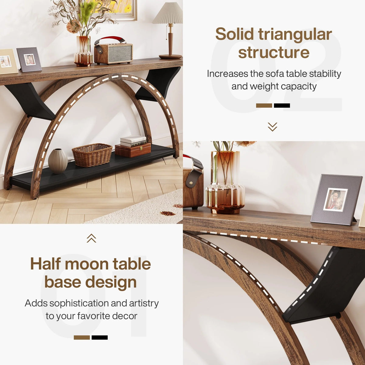 Gray 2-Tier Slim Console Sofa Table, Semi-Circular Metal Frame for Hallway