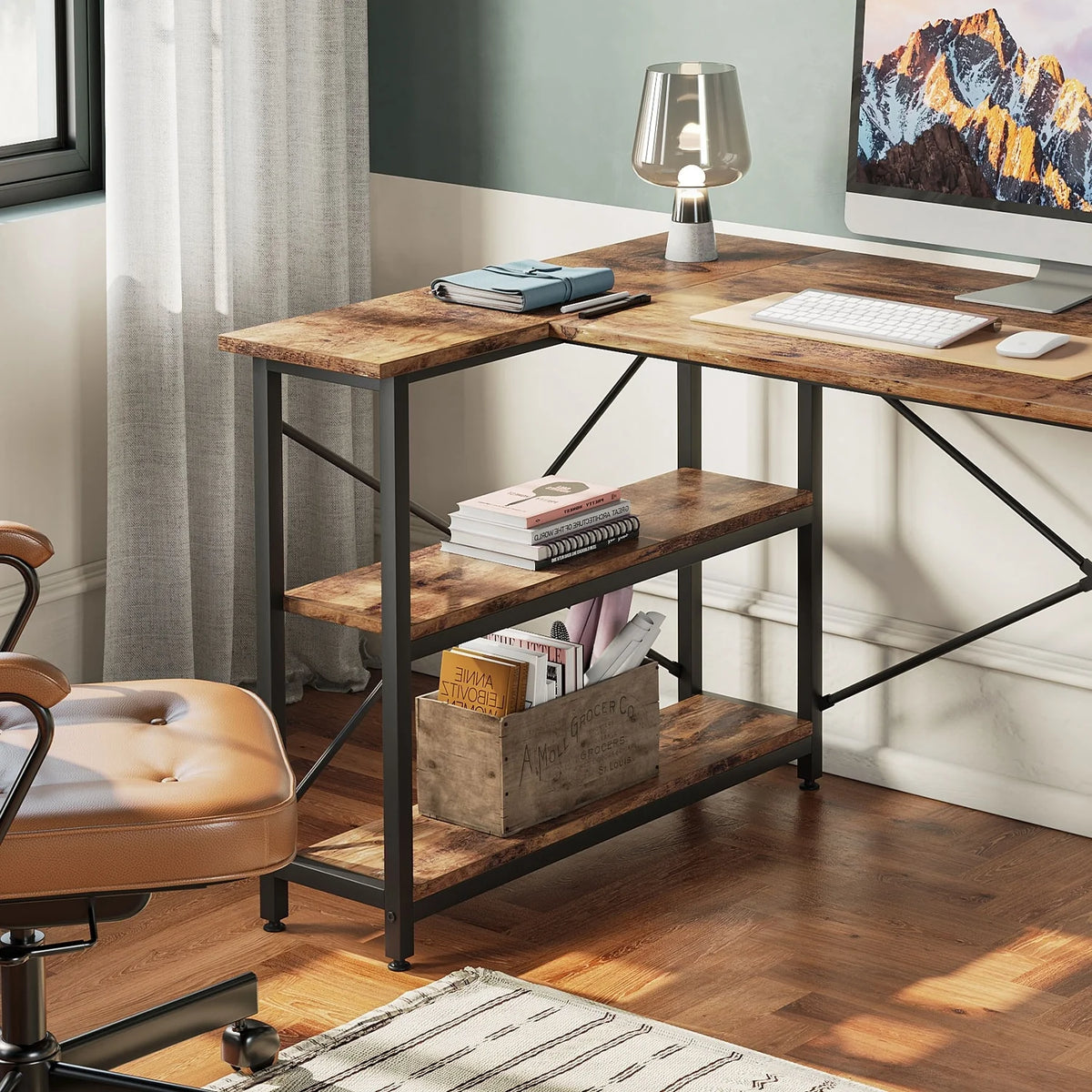 Small L Shaped Computer Desk with Storage Shelves, Compact Corner Workstation for Home Office and Study