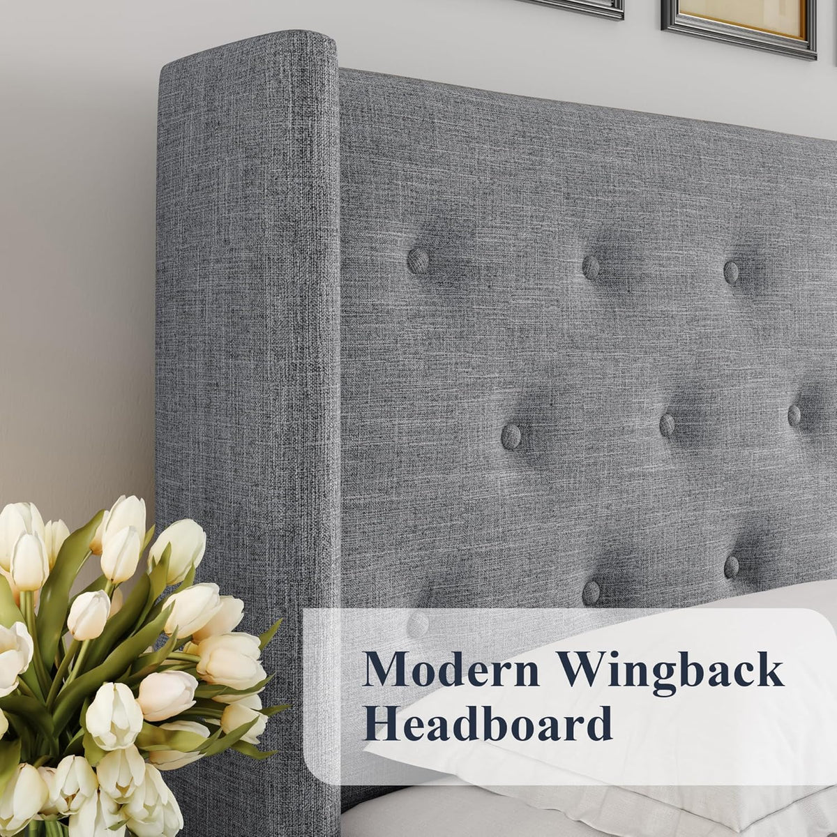 Queen Size Lift Up Storage Bed with Wingback Headboard, Upholstered Platform Bed Frame with Hidden Storage