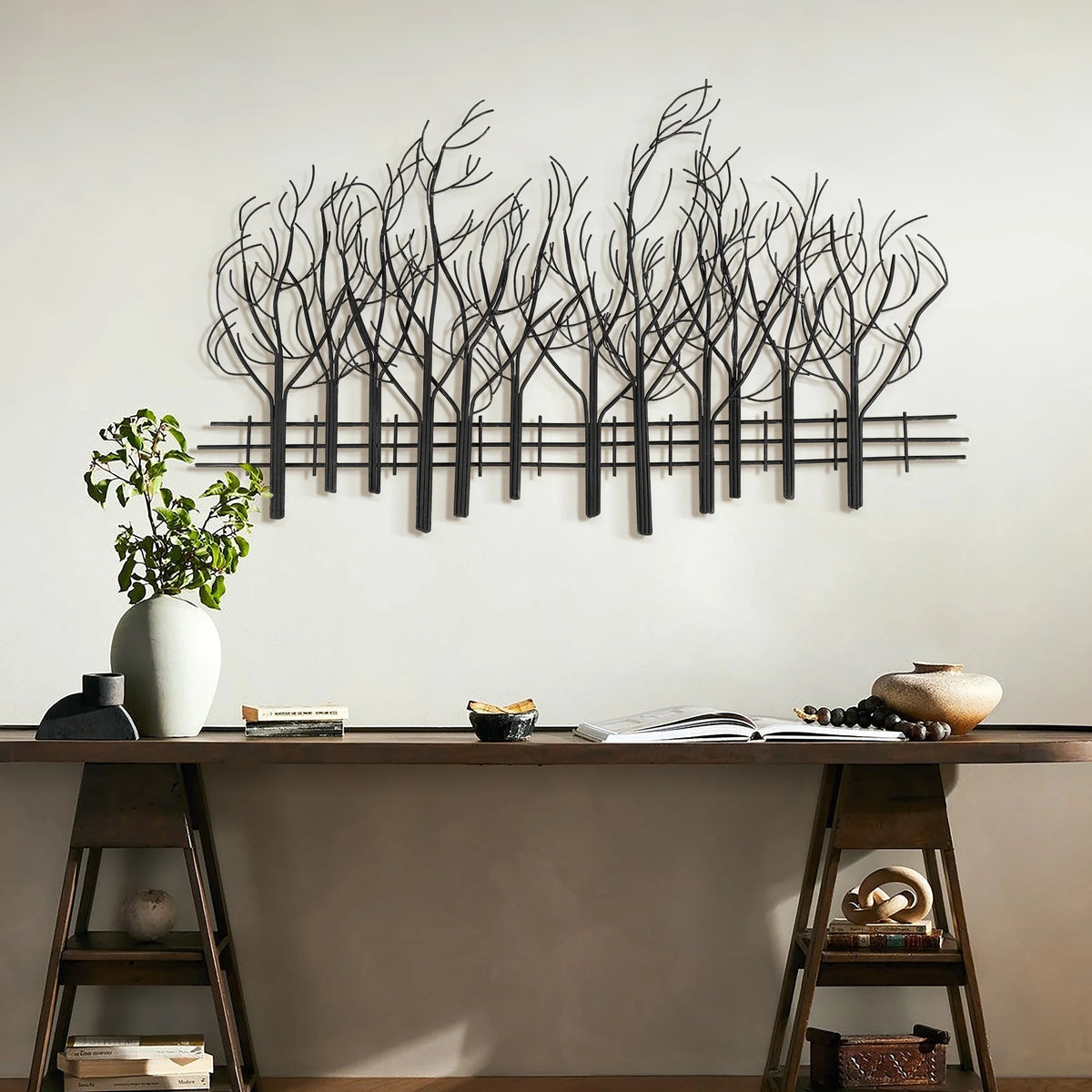 Black Metal Tree Wall Decor, Modern Forest Design Wall Art Sculpture for Living Room, Bedroom and Home Decoration