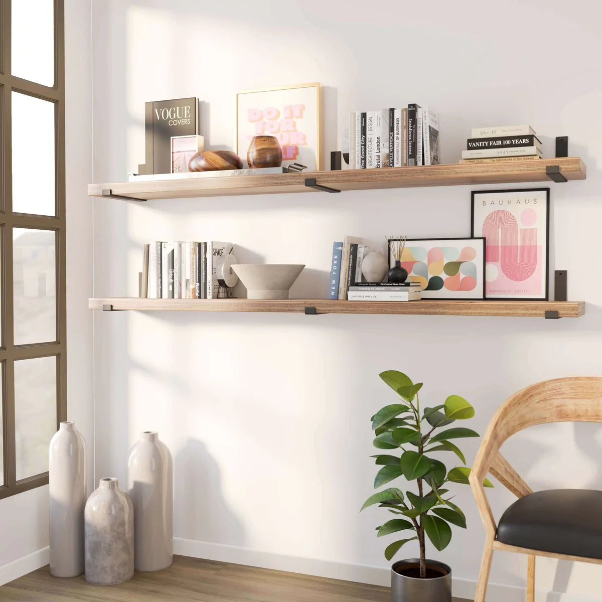 72 Inch Floating Wood Wall Shelves, Set of 2 Burnt Wood Display and Storage Shelves for Home Decor