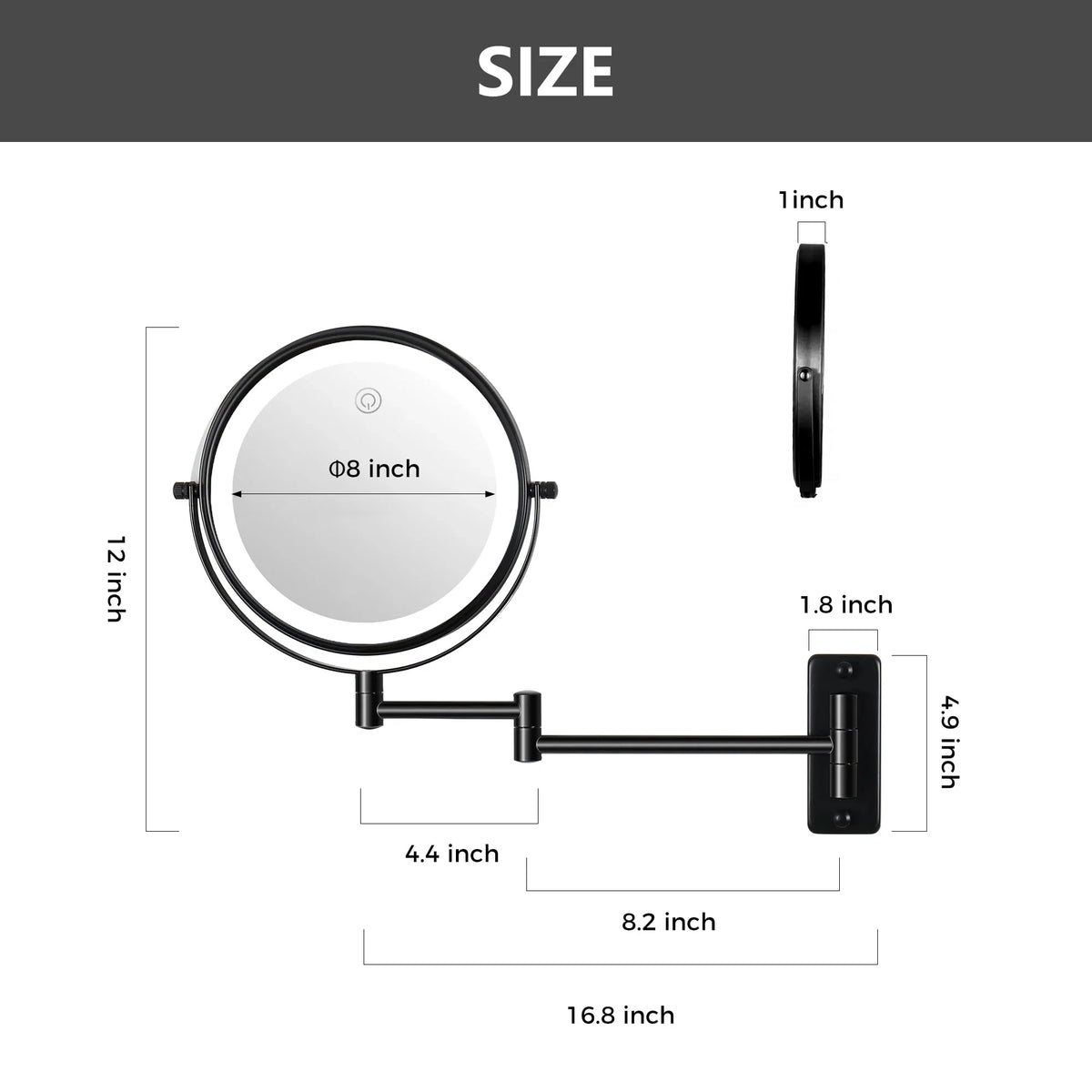 8 Inch Round Wall Mounted Makeup Mirror, Rechargeable, 1X/10X Magnification, 3-Color LED Lights