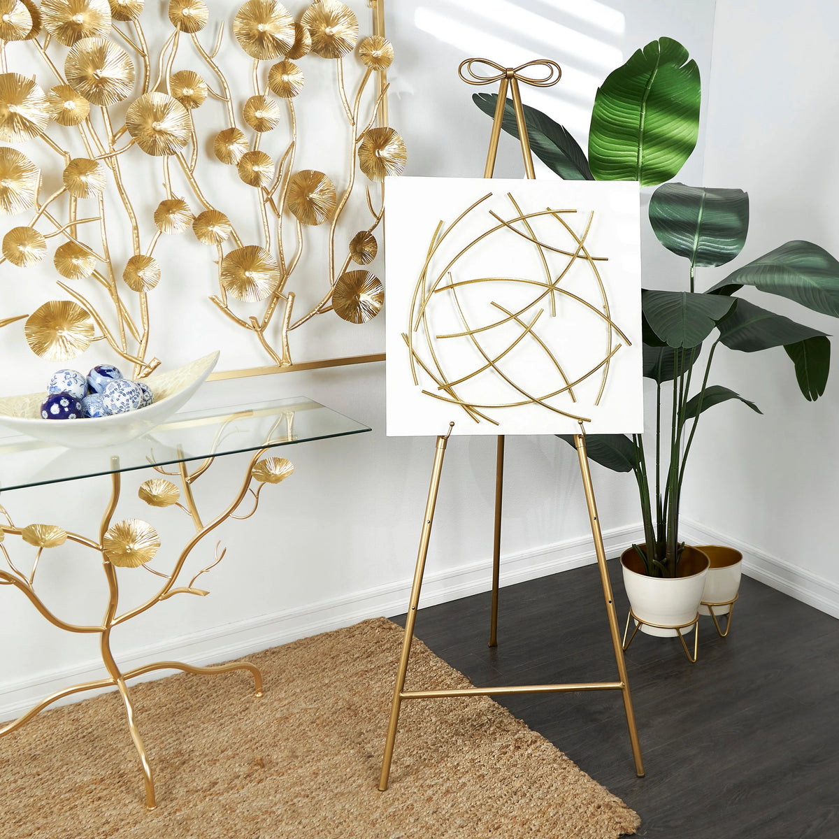 Tall Adjustable 3-Tier Metal Display Stand, Gold Floor Easel with Bow Top