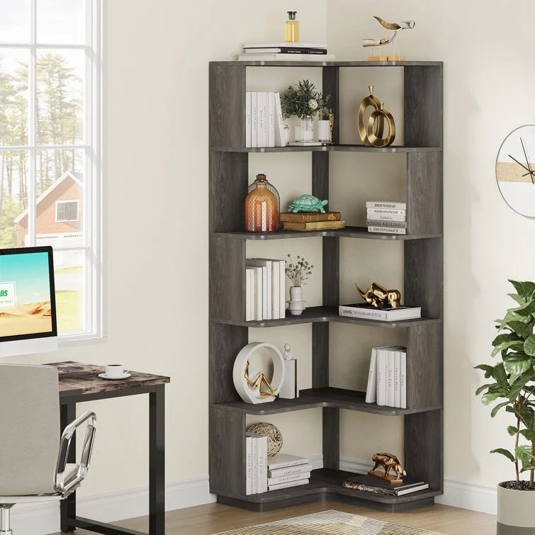 64.9 Inch Tall 6-Tier Corner Bookshelf, Freestanding Wood Industrial Bookcase