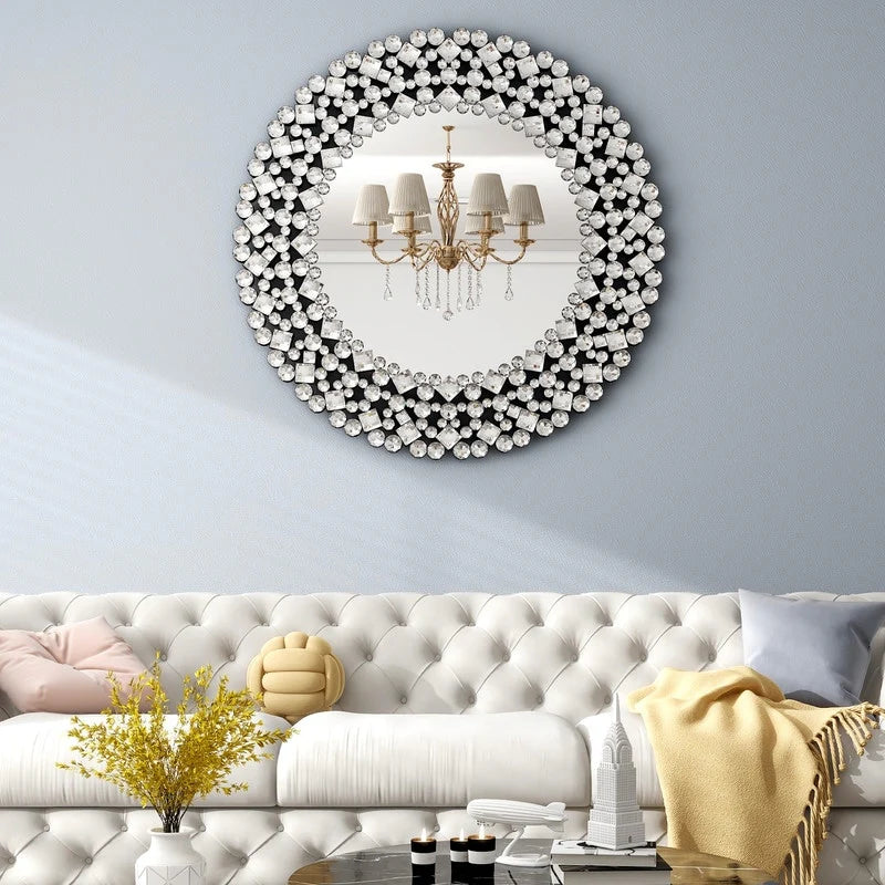 Modern Round Wall Mirror, Crystal Accent Decorative Mirror for Living Room, Bedroom and Entryway