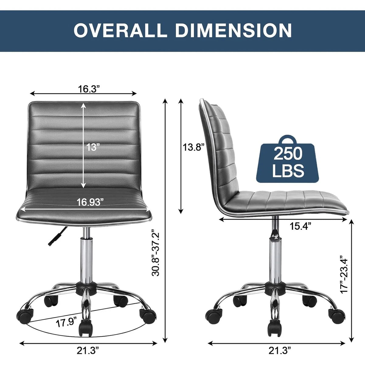 Adjustable Mid-Back Armless Swivel Office Chair, Ribbed Task and Vanity Chair for Small Spaces
