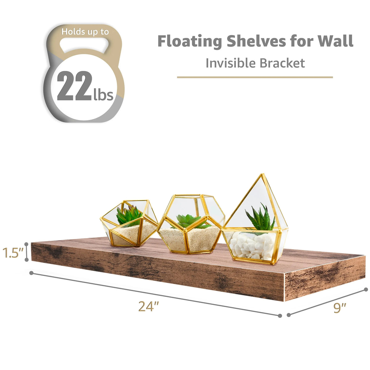 Set of 3 Floating Wood Wall Shelves, Wall Mounted Display and Storage Shelves with Invisible Brackets for Books and Home Decor