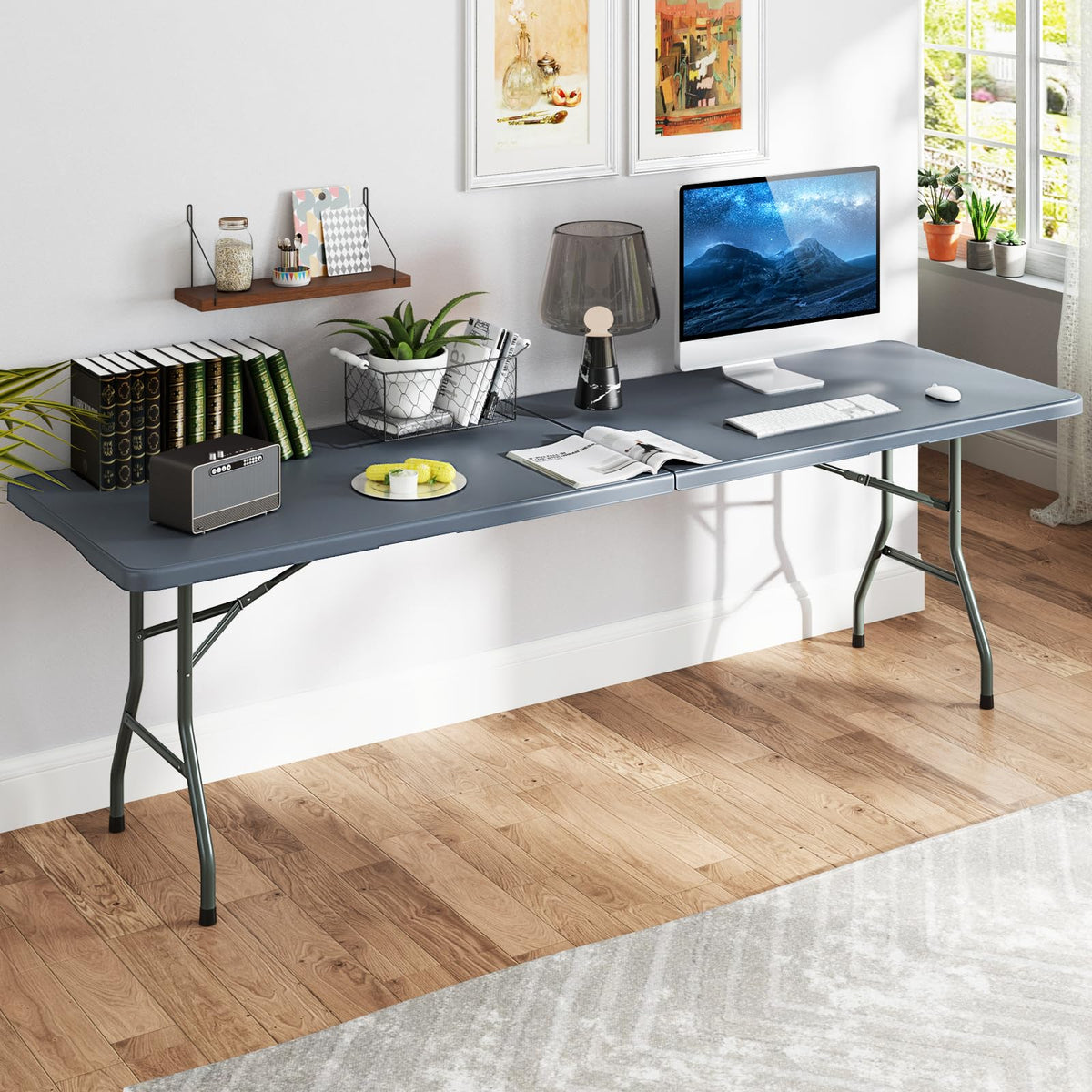 8FT Folding Table 350LBS �� Heavy Duty Plastic Table with HDPE Top & Handle