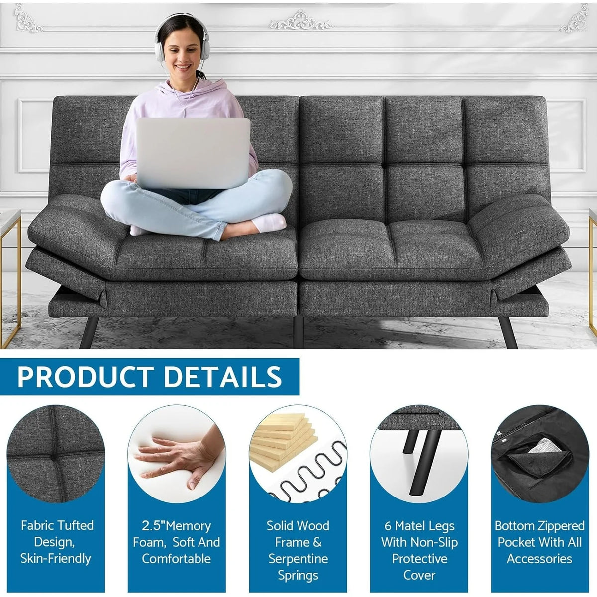 Convertible Futon Sofa Bed with Memory Foam, Foldable Loveseat Sleeper with Adjustable Armrests